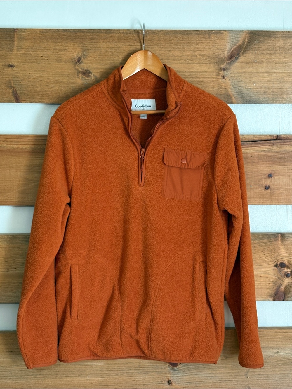 Goodfellow & Co Orange Long Sleeve 1/4 Zip Fleece Pullover Pockets Men's Size S